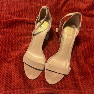 Vince Camuto Beige Leather Suede Ankle Strap Chunky Block Heel Sandal